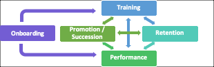 Graphic demonstrating the relationship between training, retention, promotion/succession, and onboarding. 