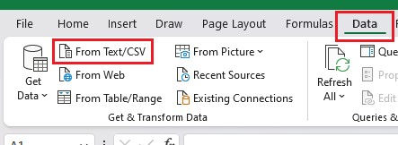 Microsoft Excel menu to Get and transform data from CSV under the Data menu. (For creation of Integration File)