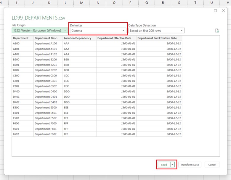 Microsoft Excel integration file shown with the delimiter of Comma chosen,